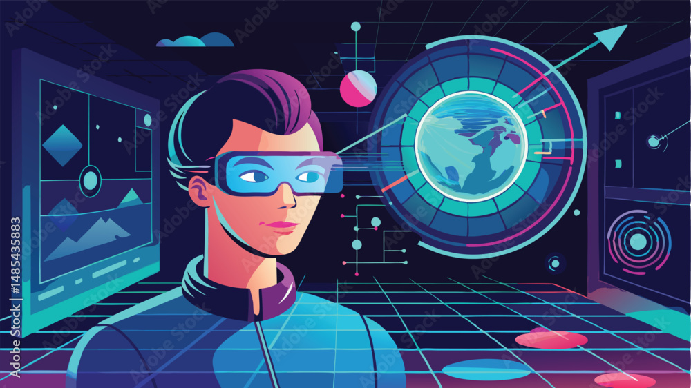 Poster virtual reality experience with a user wearing vr goggles interacting with digital graphics and data
