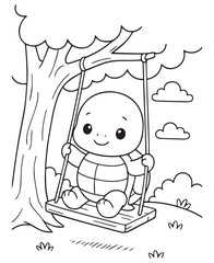 Coloring book turtle sits contentedly on a swing hanging from a tree branch under fluffy clouds. 