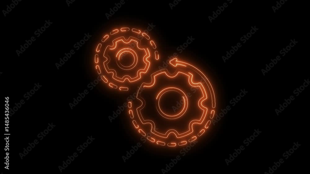 Poster two rotating gears with glowing orange neon light mechanism moving with seamless loops