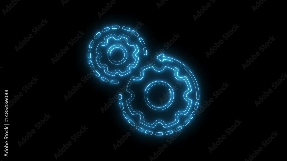 Poster neon style gear animation showing process connectivity and mechanical workflow on black background