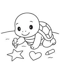Coloring book turtle crawls on the ground, happily drawing a star and a heart with a crayon. 
