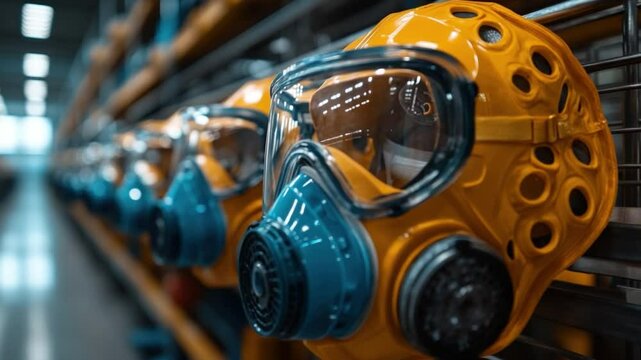 Protective Gear Arrayed: A row of vividly colored respirators, signifying safety measures, are meticulously arranged within an industrial setting.