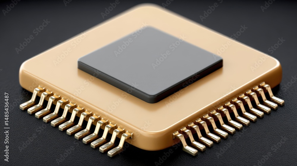 Poster detailed close-up view of a modern microprocessor featuring metallic pins and a sleek black surface 