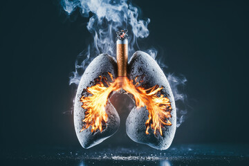 Lungs burning from inside with cigarette smoke and ashes, concept of world no tobacco day