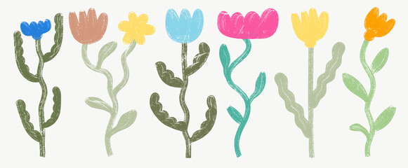 Set of art bold brush drawn flowers. Hand drawn grunge botanical poster. Abstract colored ink drawing flowers and leaves. Collection of kids vector poster with funky doodles with crayon drawn on white