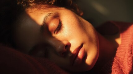 Close-up of a person sleeping peacefully in warm light.