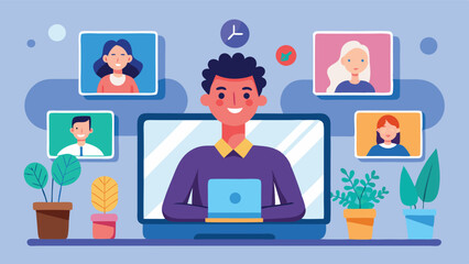 Vector illustration of a man participating in a video conference call at home with colleagues displayed on his screen