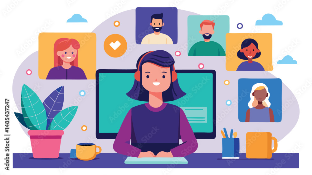 Aufkleber vector illustration of a man participating in a video conference call at home with colleagues displa