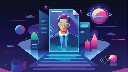 Vector illustration of a digital user profile surrounded by planets and technology with vibrant colors and cosmic elements