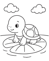Fototapeta premium Coloring book turtle sits on a lily pad in the water under two clouds.