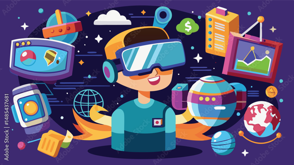 Poster exploring virtual reality landscapes with vibrant graphics and engaging illustrations of futuristic 