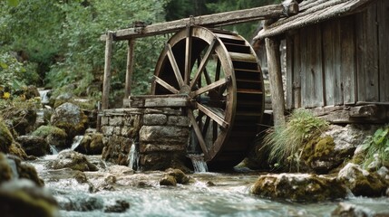 A sturdy wooden waterwheel stands amidst flowing streams and lush greenery, embodying harmony with nature and rustic engineering.