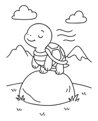 Coloring book turtle with closed eyes stands peacefully on a rock in a serene landscape