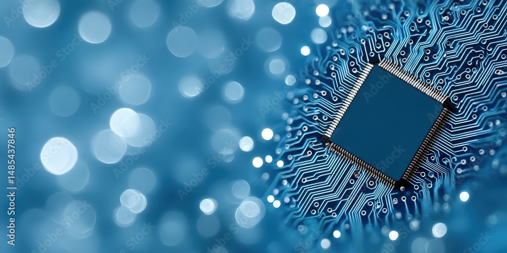 Poster detailed close-up of a microchip illuminated against a mesmerizing bokeh background showcasing advan