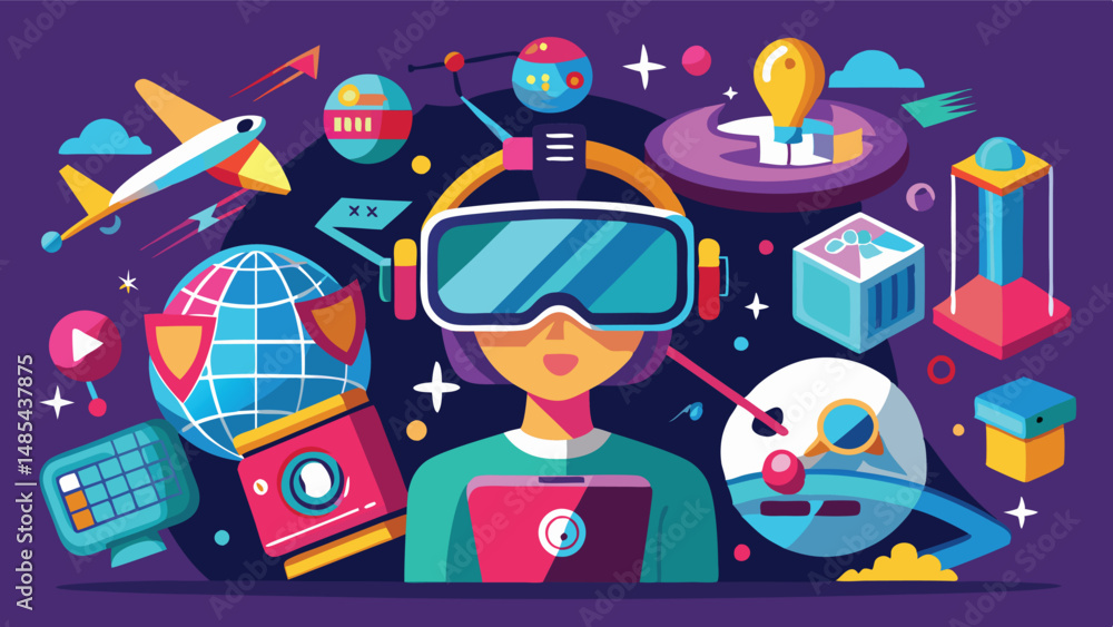 Poster exploring virtual reality landscapes with vibrant graphics and engaging illustrations of futuristic 
