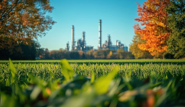 Autumnal landscape with a factory in the background Lush green field and colorful trees frame the industrial scene