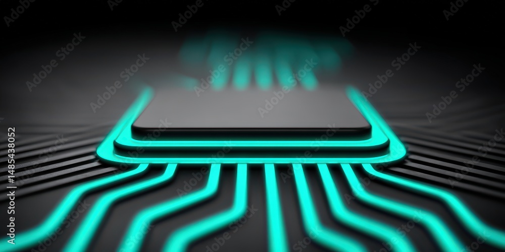 Poster innovative technology concept showcasing a sleek microchip surrounded by vibrant neon circuit lines 