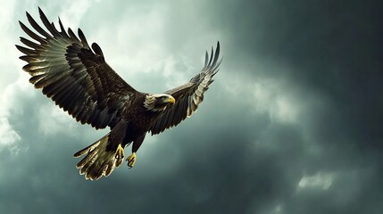 Obraz premium Majestic Eagle in Flight: Dramatic Cloudscape, Powerful Wings