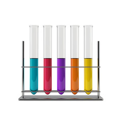 Laboratory test tubes in a rack with colored liquids on an isolated white transparent background