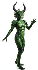 Obraz premium Green Dragon Woman Fantasy Costume Mythical Creature, Scale Armor, Reptilian Body Suit, Horns, Claws