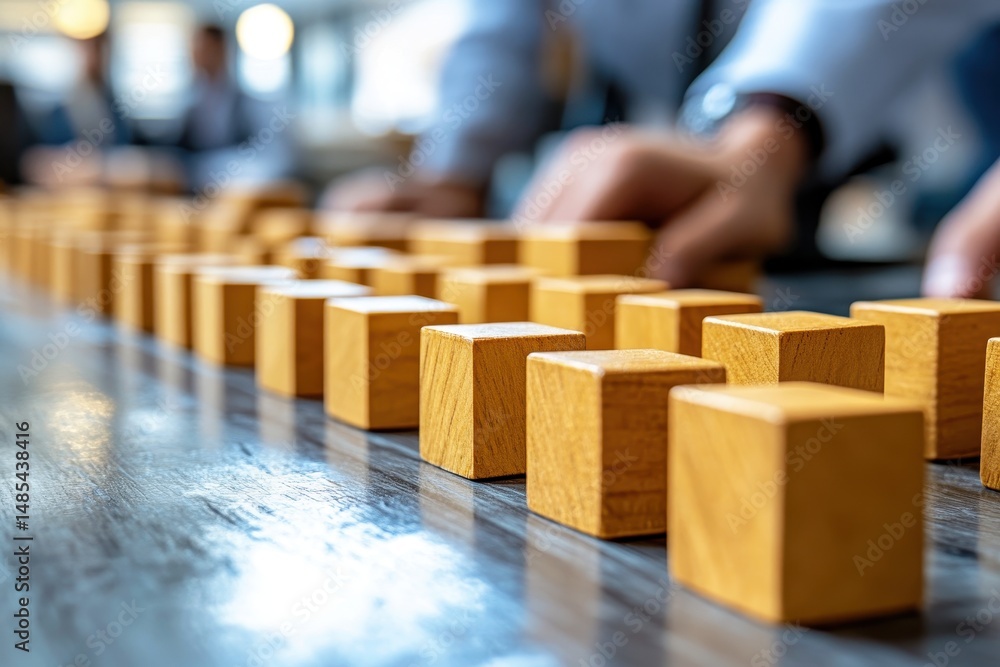 Aufkleber close-up view of hands arranging wooden blocks on a table in a modern office environment for creativ