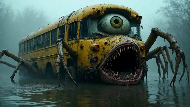 Monstrous School Bus Creature in Foggy Swamp