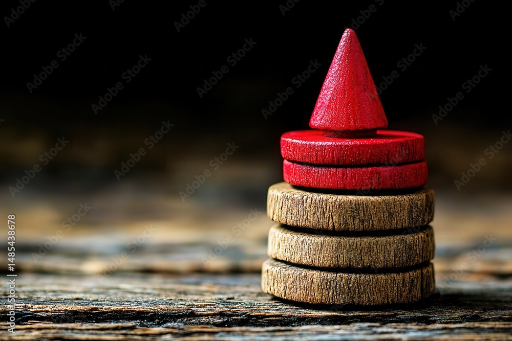 Poster red wooden geometric shapes on rustic wooden surface, abstract design and composition on textured ba