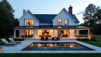 Luxurious modern farmhouse exterior with pool reflecting evening lights and elegant design