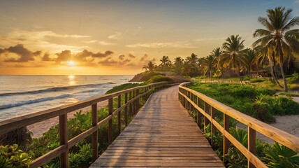 Obraz premium Golden Sunset Beach Scene: Ocean Waves at Dusk