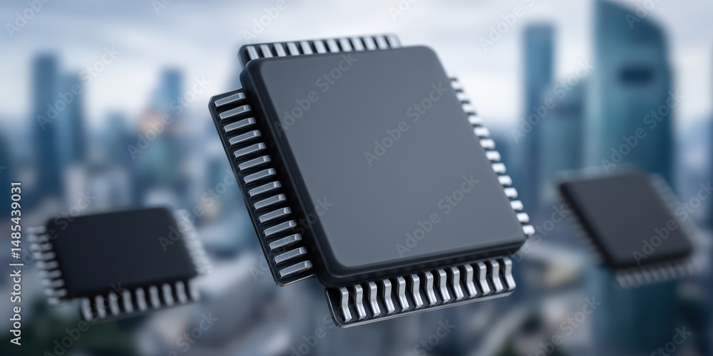 Poster advanced integrated circuit components float against an urban futuristic skyline symbolizing innovat
