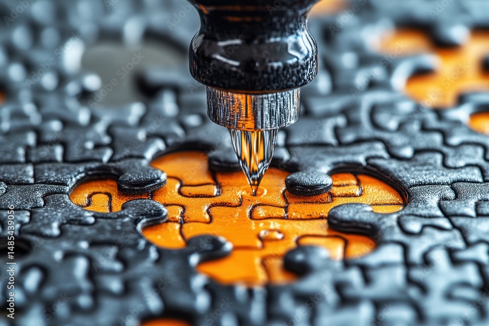 Poster close-up of dropping liquid on black puzzle piece with orange element, focused on detail and texture