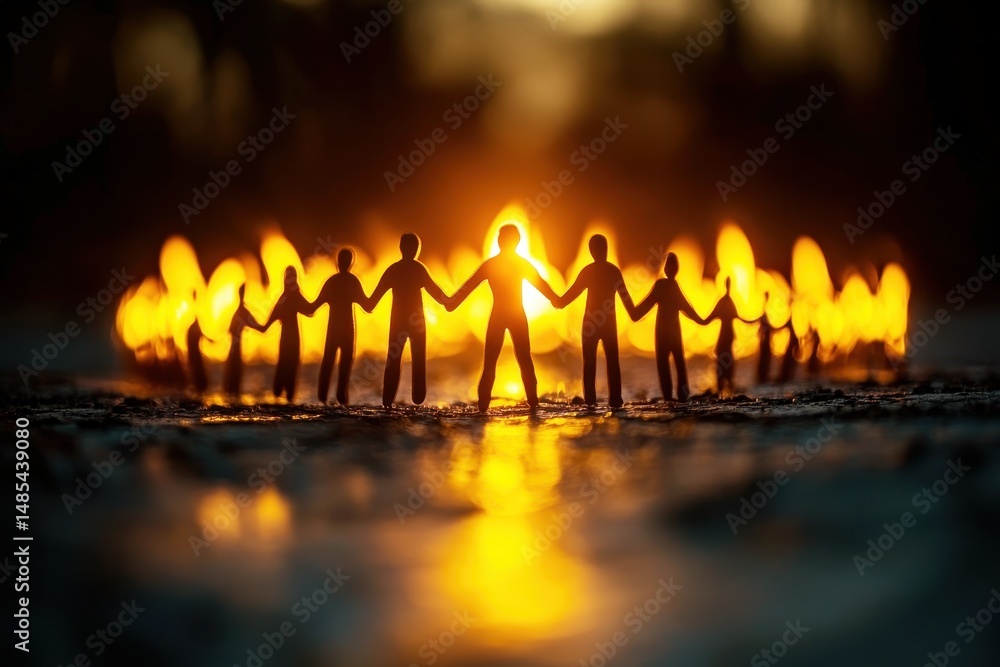 Poster silhouette of paper figures holding hands around a warm glowing fire at dusk with beautiful soft bac