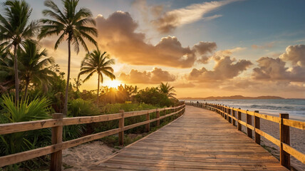 Golden Sunset Beach Scene: Ocean Waves at Dusk