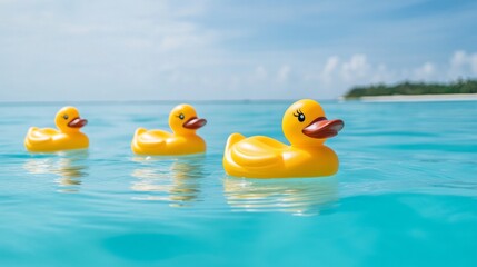Three rubber ducks float in the ocean