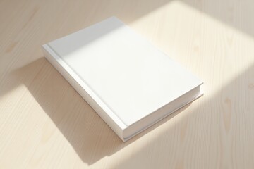 Fototapeta premium Blank-book-mockup-white-hardcover-wood-table-surface-minimal-design-concept