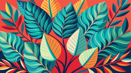 Colorful vector illustration of vibrant tropical foliage featuring various leaves and flowers in a lush, artistic design suitable for decorative use