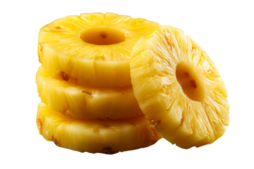 Sliced pineapple rings stacked on a clear background