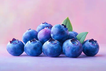 Obraz premium Vibrant cluster of blueberries with leaves on a pastel background.