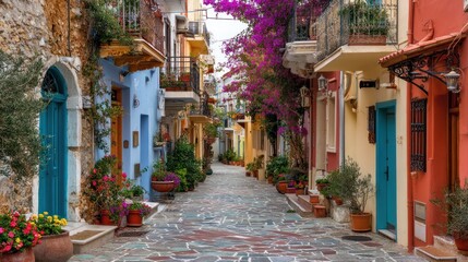 Charming Greek Island Street: A Picturesque Alleyway in Colorful Architecture