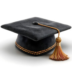 Graduation cap with gold tassel resting on white background in studio lighting