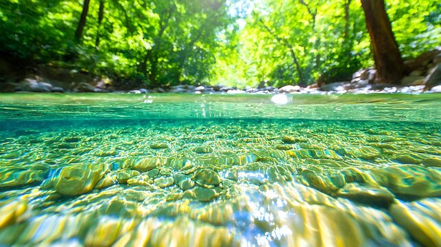 Crystal Clear River Water and Lush Green Forest Scene