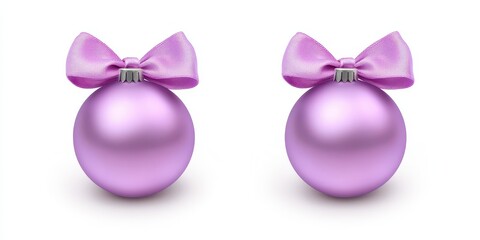 Isolated Pair of Purple Christmas Baubles with Elegant Ribbon Bow on a White Background