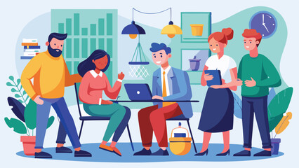 Team collaborating on a project in a bright office space with laptops, books, and plants during a creative brainstorming session