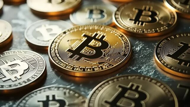 Close-up view of shiny Bitcoin coins scattered on a textured surface, symbolizing digital currency investment