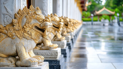 Fototapeta premium Golden statues of mythical creatures line temple pathway, showcasing intricate details and craftsmanship. serene atmosphere