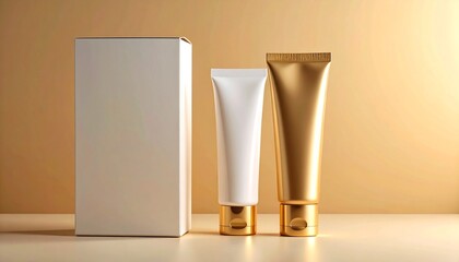 Elegant mockup of two cosmetic tubes, one white and one metallic gold, standing next to a plain white packaging box on a shimmering soft gold background. Ideal for displaying cosmetic product designs.