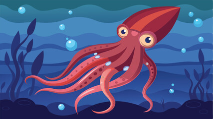 Colorful vector illustration of a squid swimming gracefully in the ocean with bubbles and underwater plants