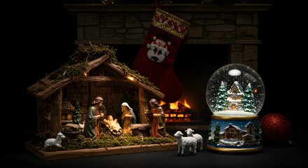 Fototapeta premium Enchanting Christmas Nativity Scene with Fireplace, Stocking, and Snow Globe A Festive Holiday Display