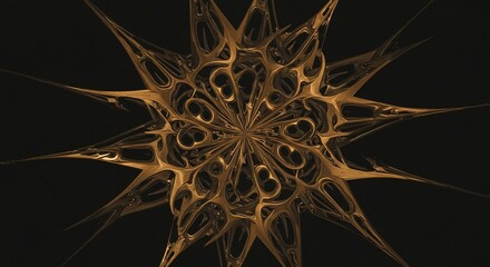 Abstract Golden Fractal Art Intricate Spiked Starburst Design on Black Background