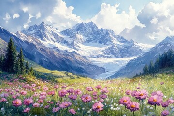 Fototapeta premium Mountain vista filled with wildflowers and sunlight.